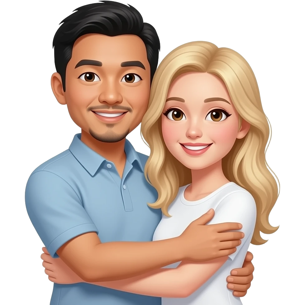 asian men with goatee and white woman with blond hair brown eye hug emoji