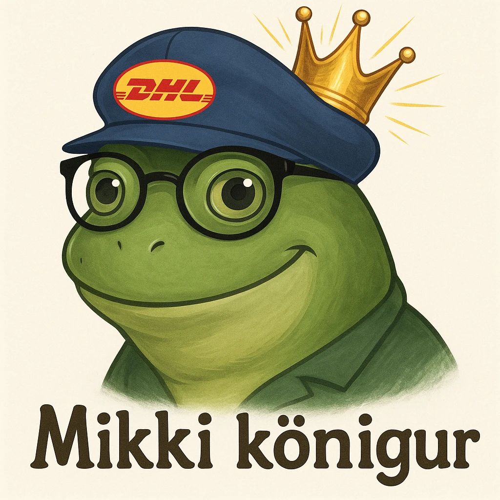 Create a realistic and playful DHL Express royal frog based on the reference image of a green frog with glasses and a DHL hat. Add a crown on the frog's head and include the text 'Mikki kongur' in a friendly font. Maintain a realistic and playful style. emoji