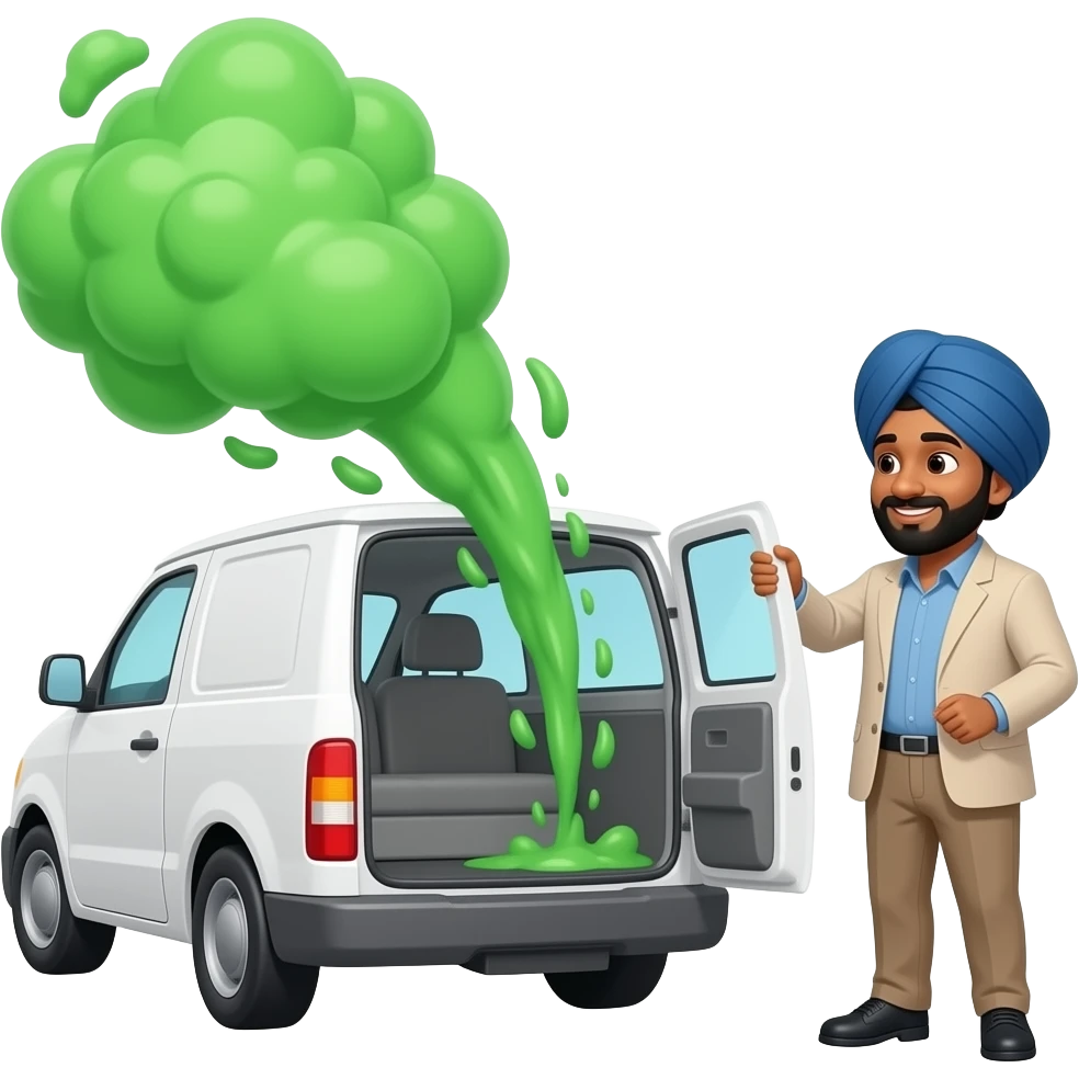 A black indian man opens the back door of a white van and the green cloud comes out of it. emoji