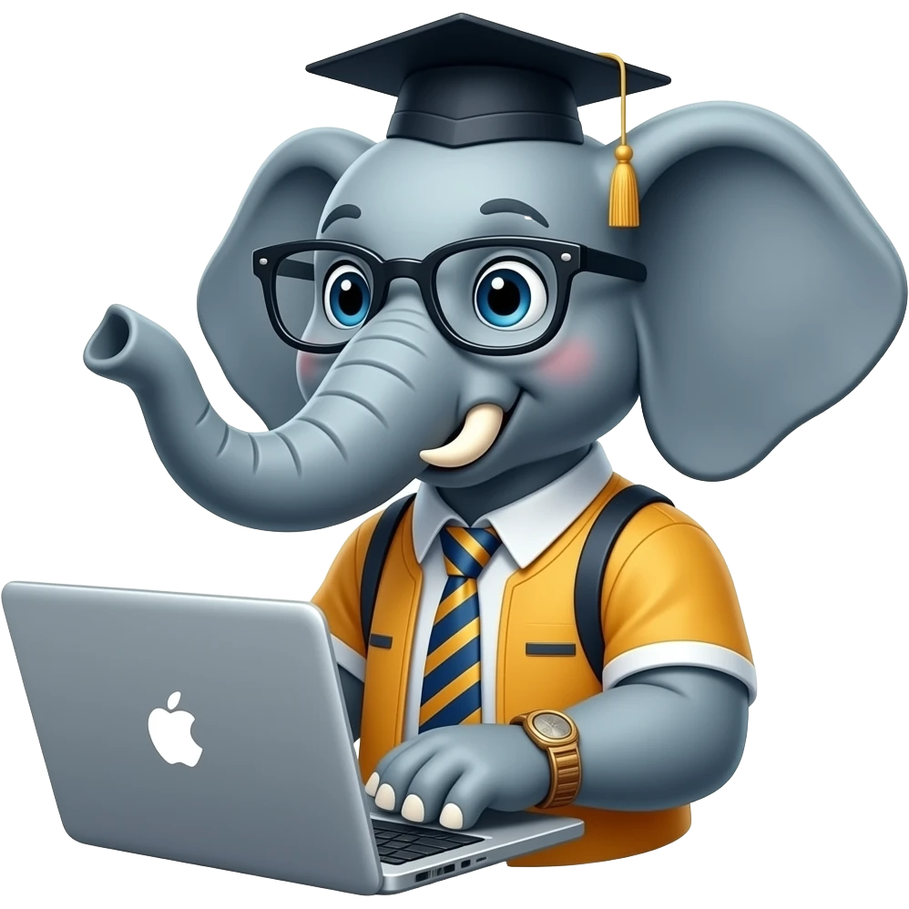 Elephant using laptop and nerd glass with college clothes closeup emoji