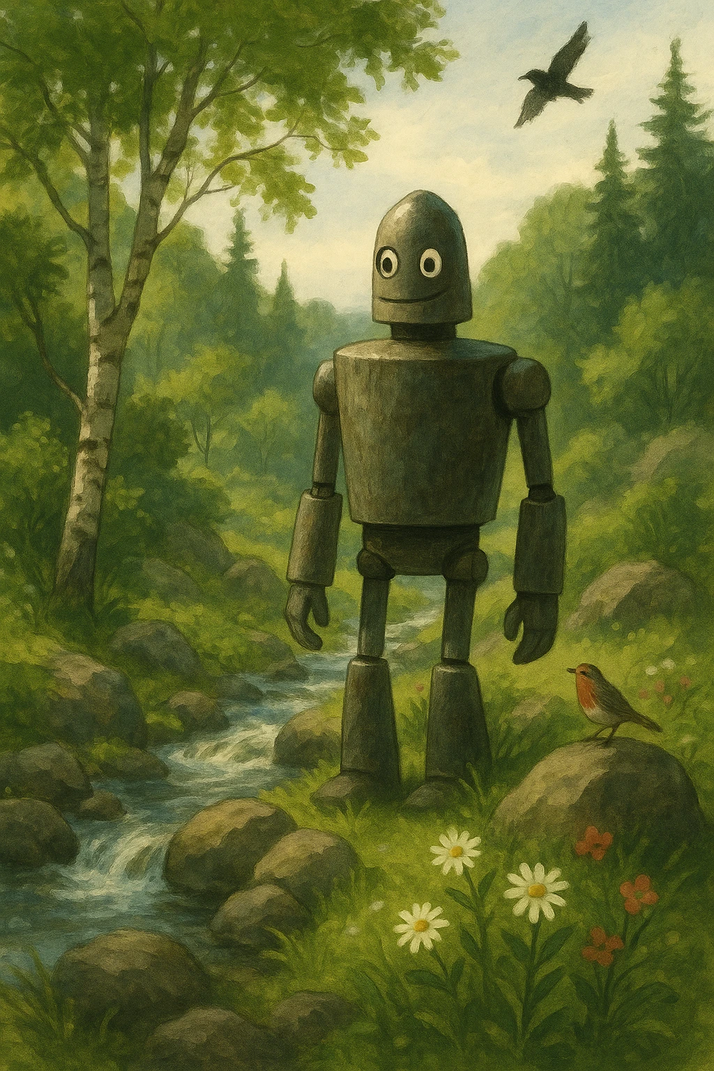 robot protagonist from The Wild Robot, exploring a wild landscape, nature elements, cinematic style, gentle expression emoji