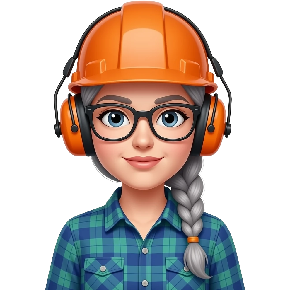 female lumberjack with braided grey hair with orange hardhat with hearing protection ear muffs and blue and green plaid button up shirt with glasses emoji