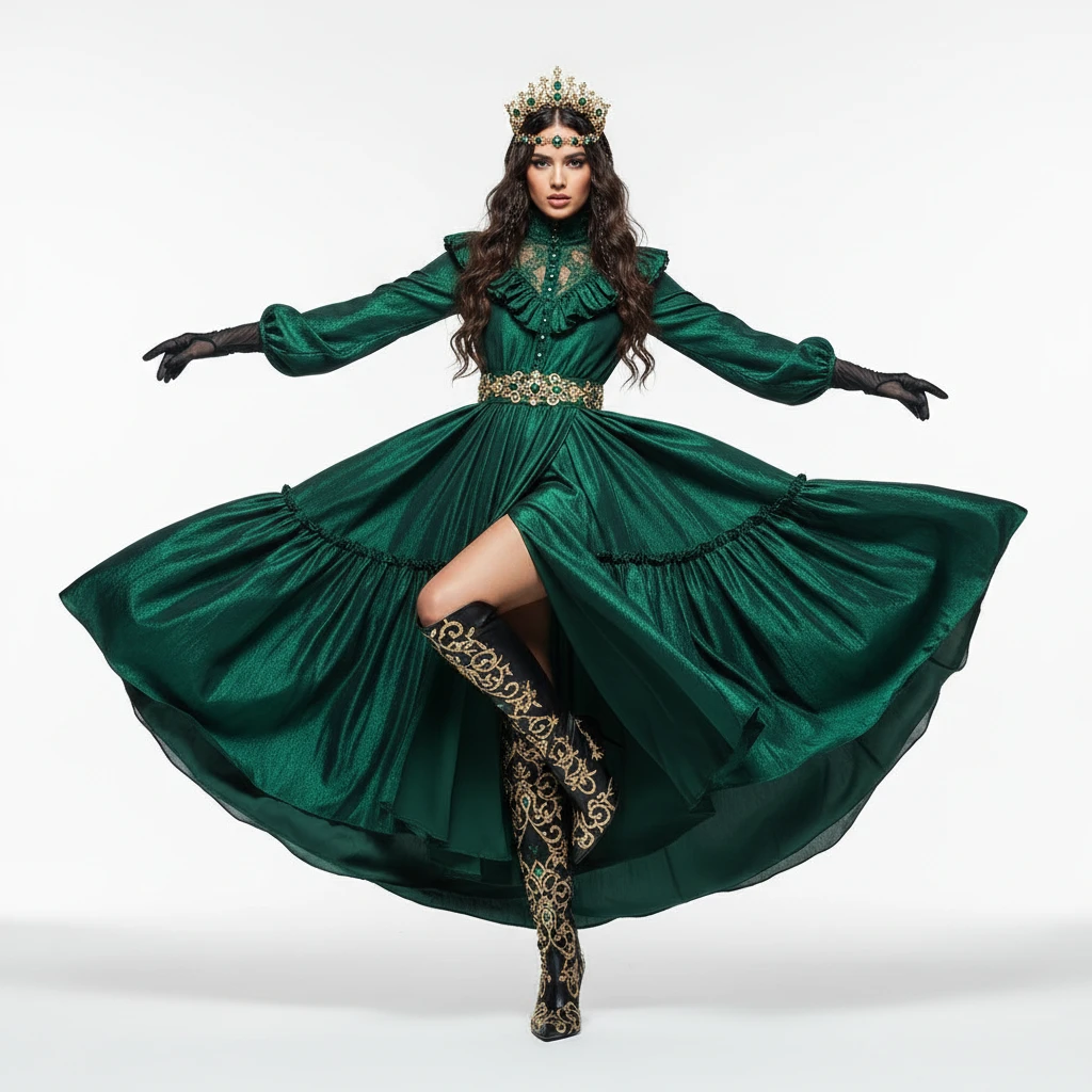 Make her dress in this outfit, model dynamic pose, white solid background emoji