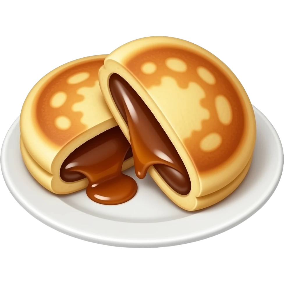 Korean hotteok, two pancakes, cut open, visible syrup filling, glossy brown syrup, crispy golden surface, white plate, clean background, studio lighting emoji