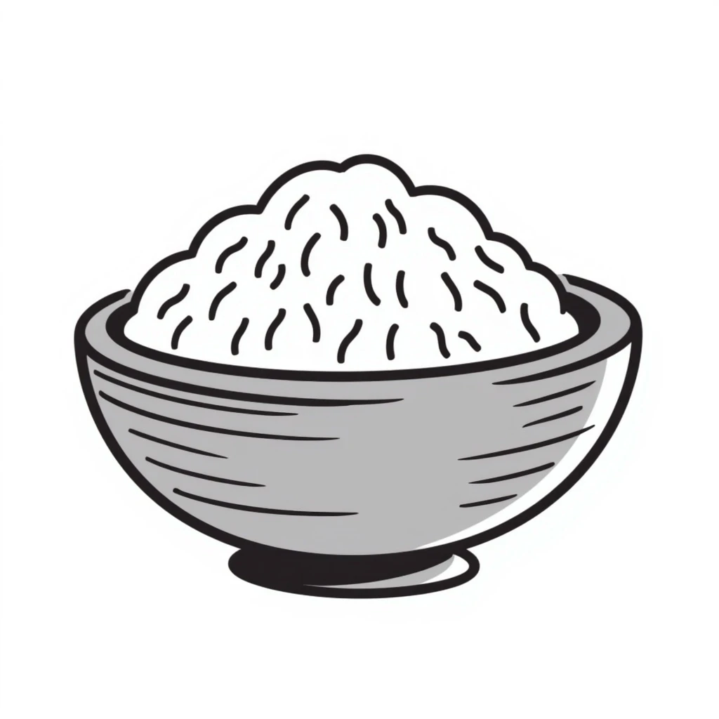 rice in a traditional wooden bowl, hand-drawn look emoji