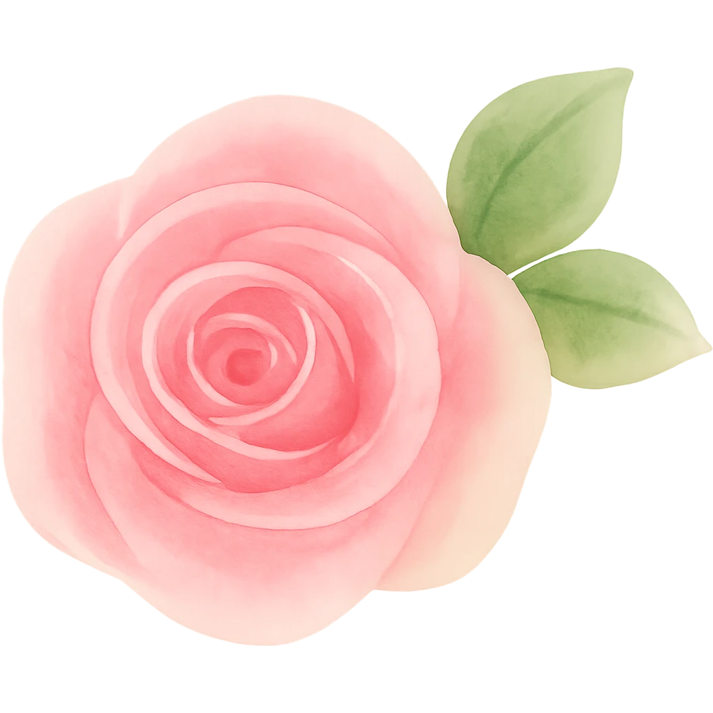 Create a 3D iOS style watercolor illustration of a single soft pink rose with green leaves. The image should have a delicate watercolor texture, a soft glossy look, and smooth shading. The format is square with no background (transparent). emoji