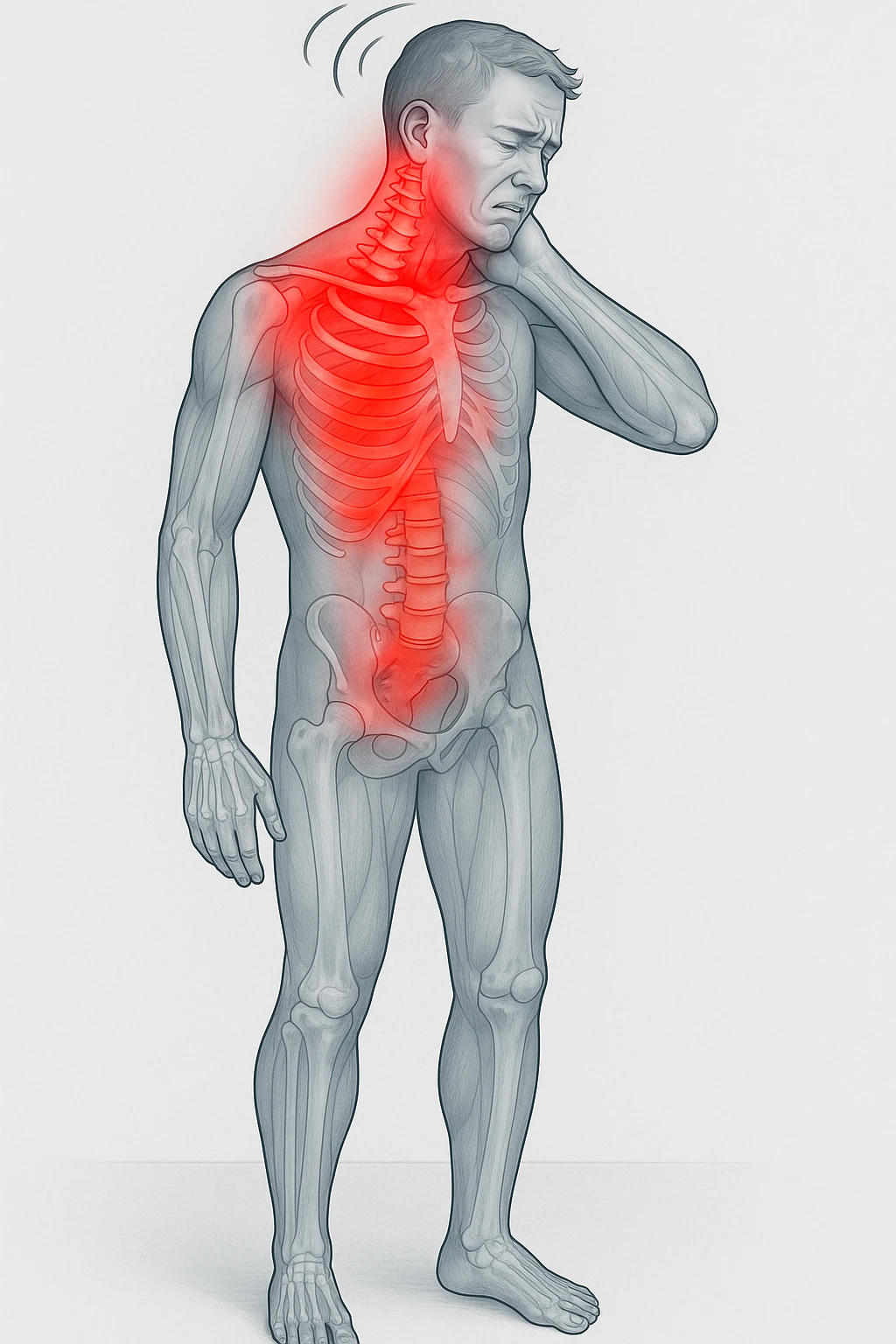 Uomo con dolore per infortunio vista anatomica in piedi con dolori cervicali vertigini e sbandamenti emoji
