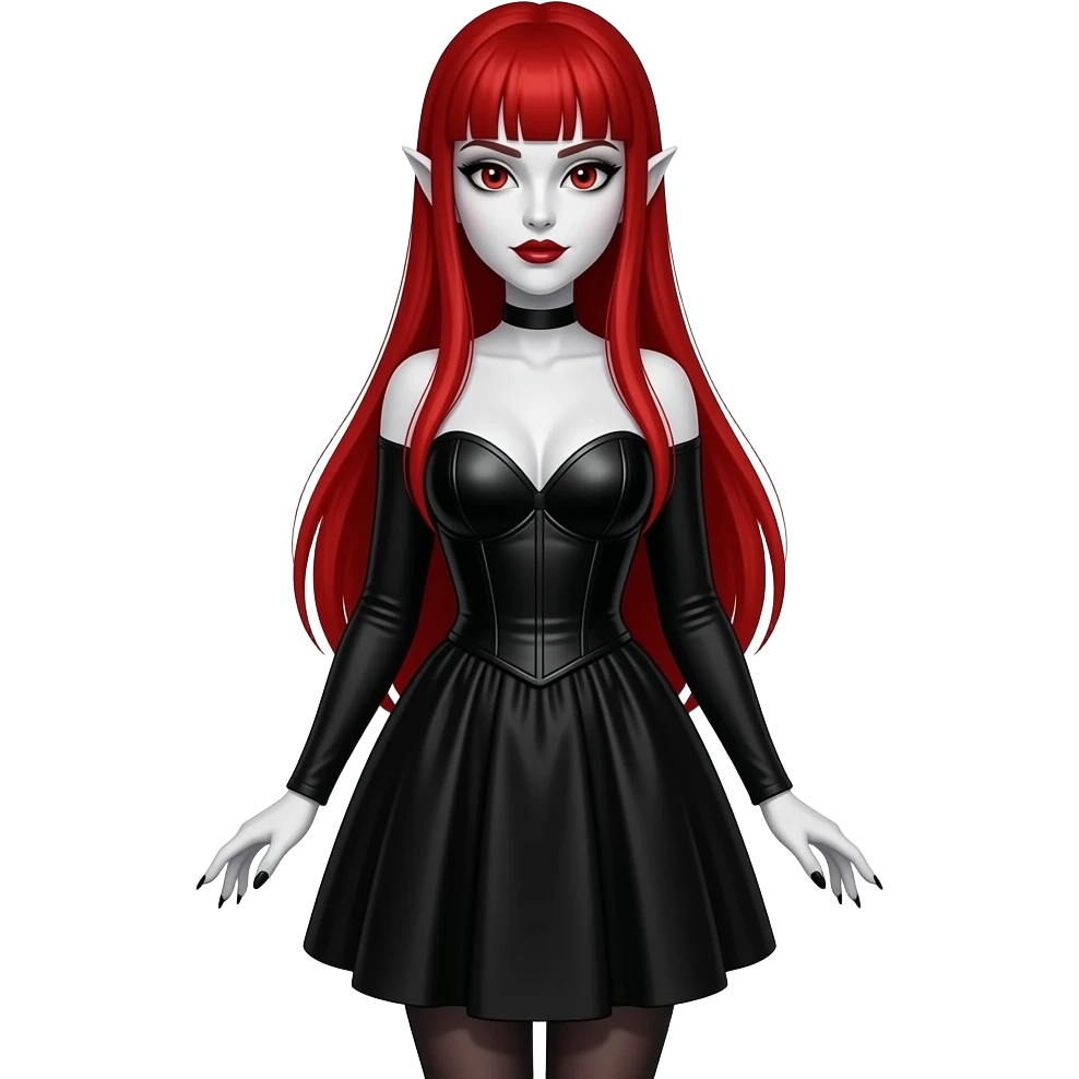 Vampiro femmina con pelle bianca capelli lunghi  rossi dritti e la frangetta che indossa un abito stretto in vita e largo sotto che arriva alle ginocchia nero con maniche lunghe emoji