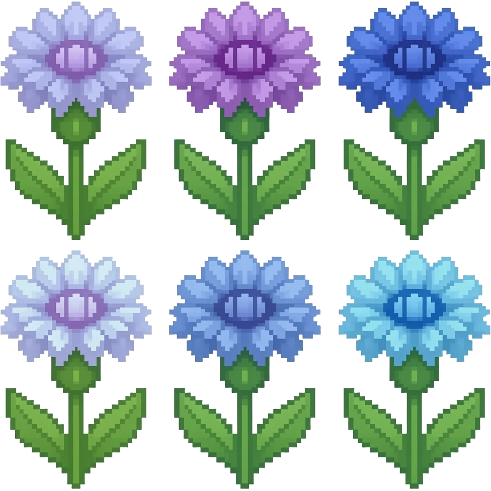 Cornflower flowers pixelated, not more than 6 colors emoji