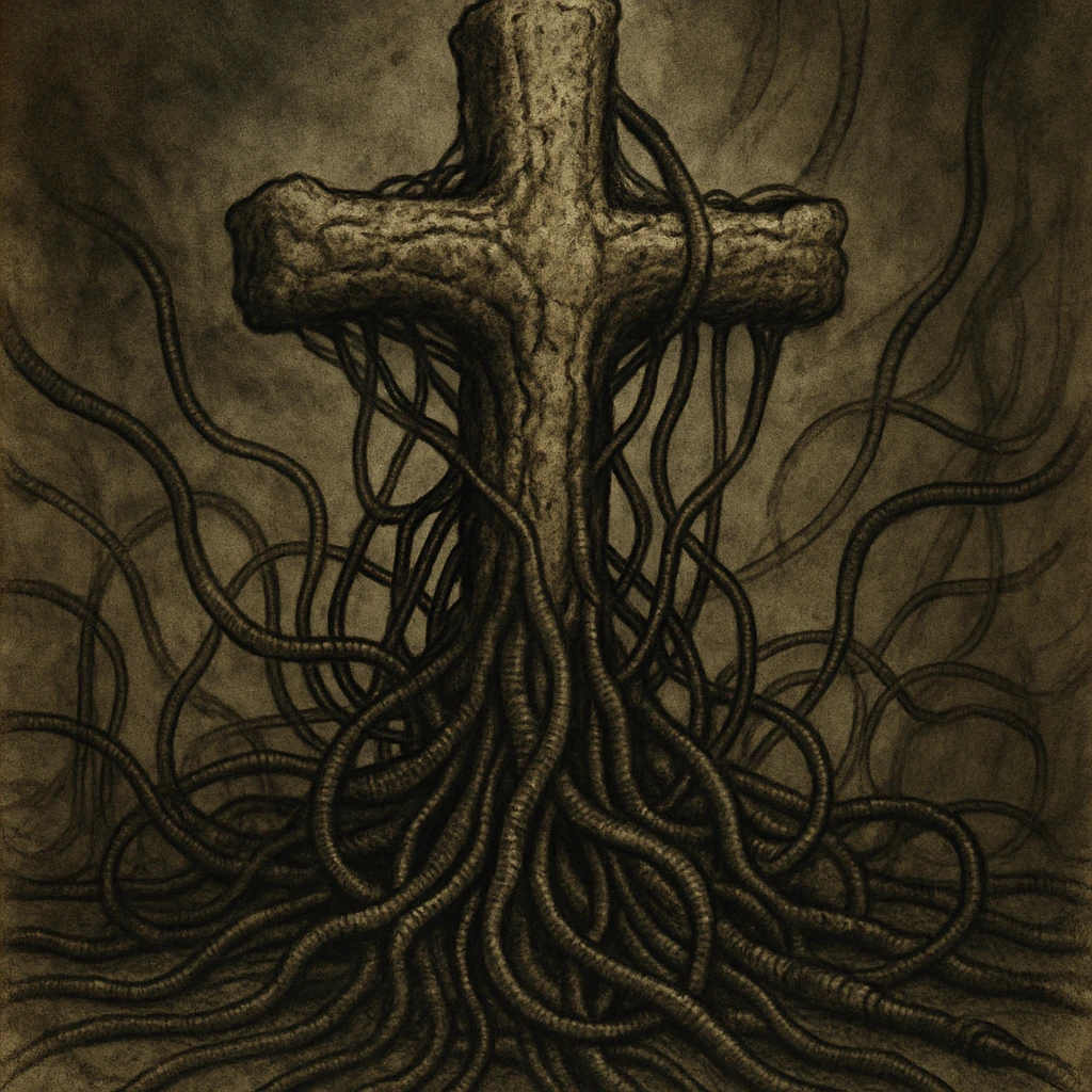 an organic cross with cables and wires, Giger-inspired, surreal and dark emoji