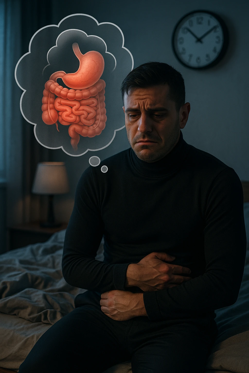a tired-looking man sits on the edge of his bed at dawn, holding his stomach with a pained expression. Dark circles under his eyes and a messy bed indicate poor sleep. In the background, a clock shows early morning hours, and a thought bubble or overlay highlights digestive organs, emphasizing intestinal discomfort linked to sleep deprivation. emoji