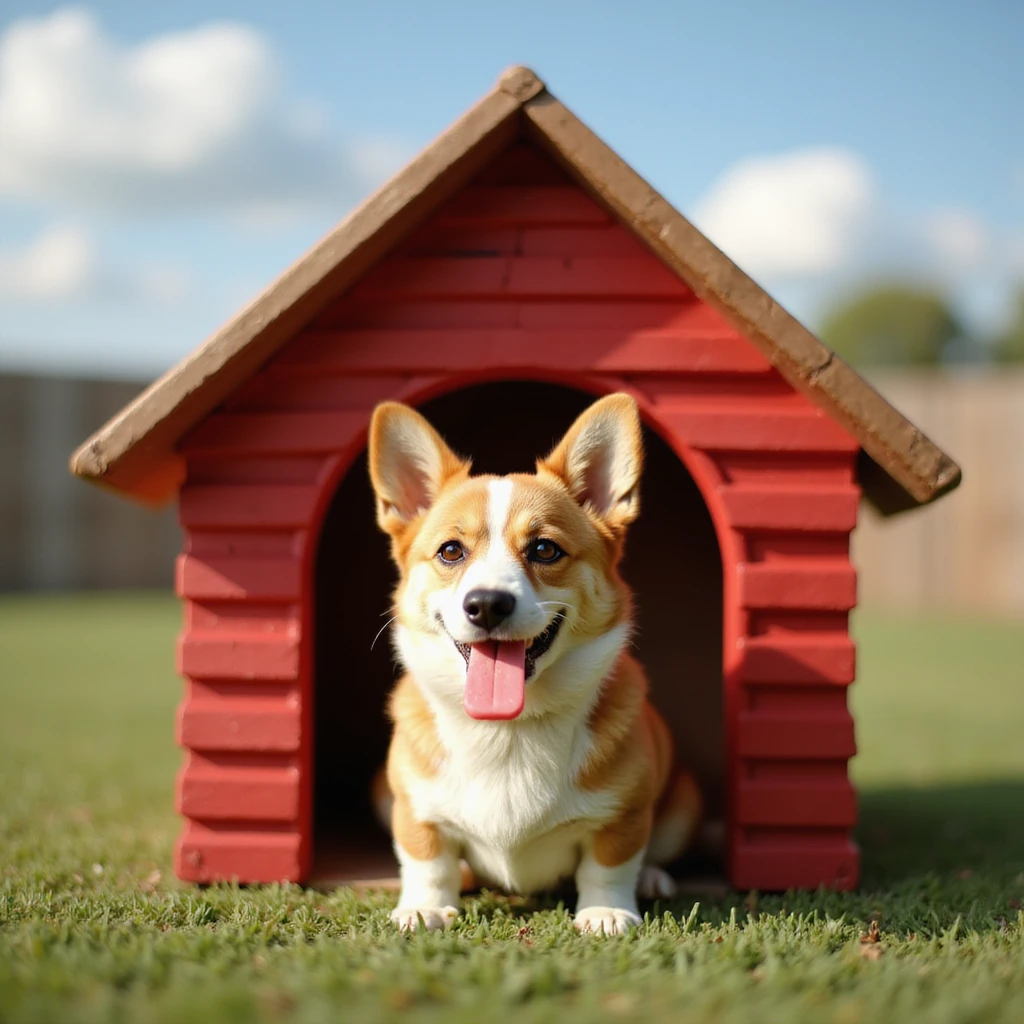 realistic red dog house with a Corgi dog inside, Corgi with a popsicle, photorealistic style emoji