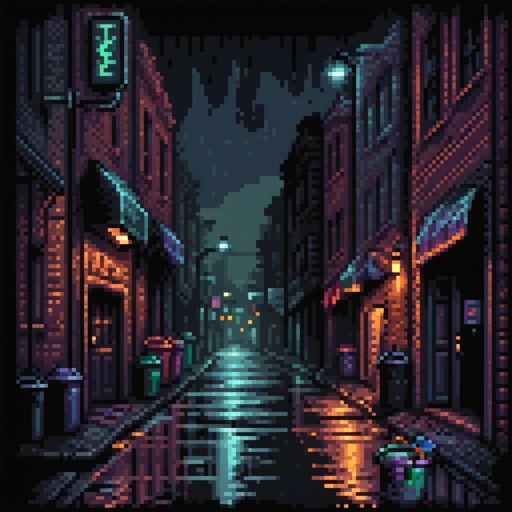 Pixel art background, dark Gotham City alley at night, flickering neon signs, wet asphalt, trash bins, moody streetlight, silhouettes in windows, Sega fighting game style
 emoji