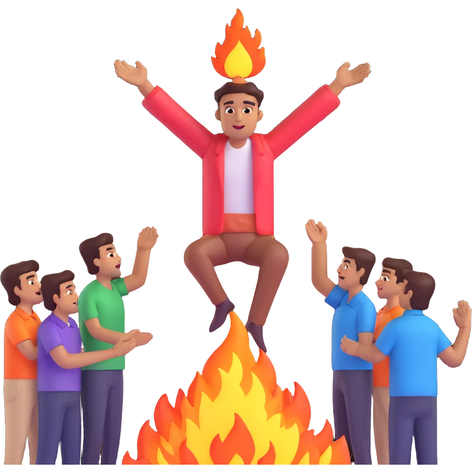 emoji showing Rakesh as a god-like figure radiating power and fire, holding a 1 lakh reward, standing above five team members worshipping or admiring him, representing his promotion to COO emoji