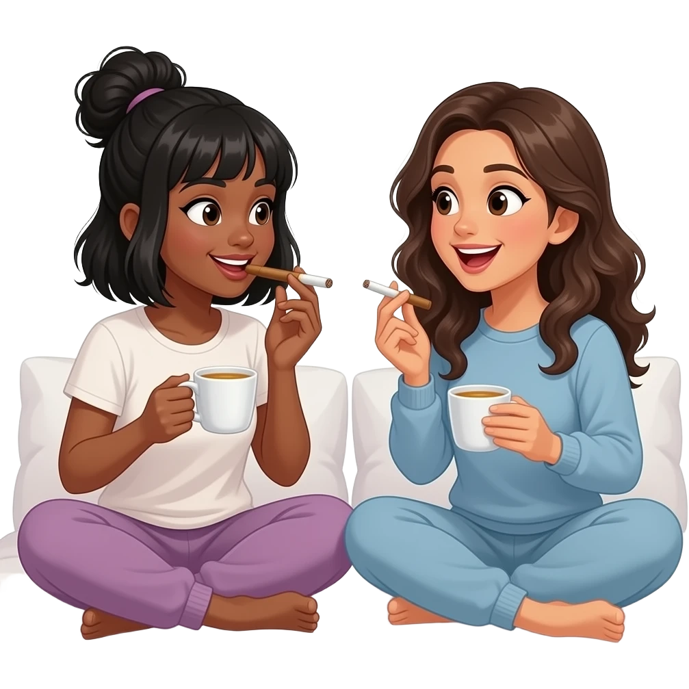 A black woman with bangs, a messy bun and shoulder length hair and a Hispanic woman with wavy long dark blonde hair gossiping while smoking blunts and drinking tea out of tea cups and wearing sweats sitting on a bed. We both have surprised smiling look on our faces emoji
