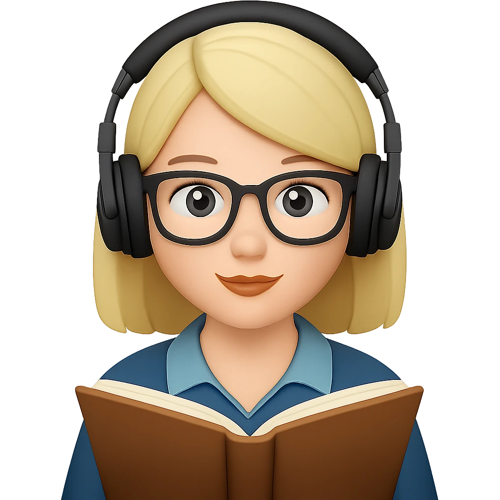 Add headphones to the person with headphones and a book emoji, keeping the background transparent. Ensure the headphones are distinct and blend naturally with the existing emoji style. emoji