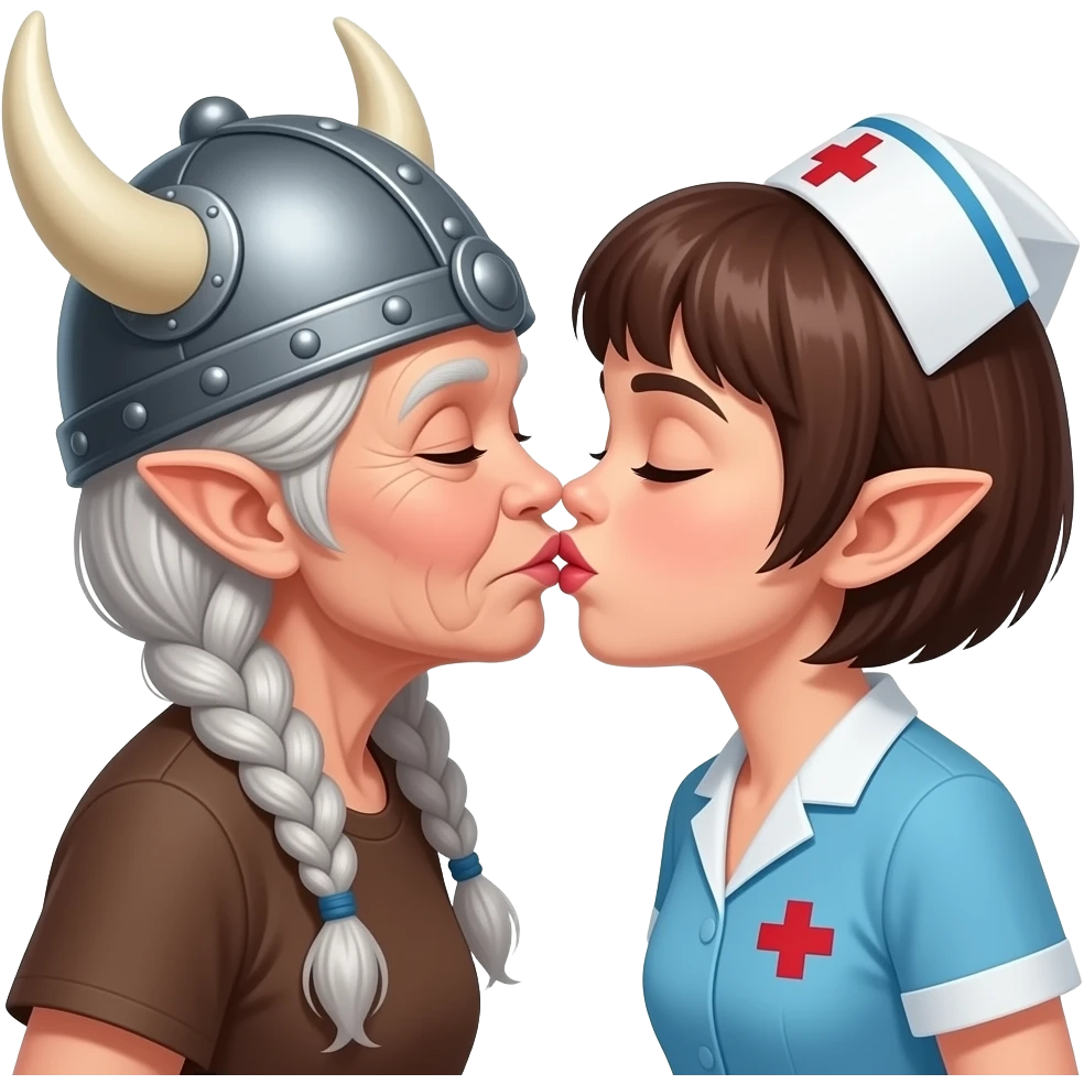 Viking hat silver braids old woman kissing nurse old pixie haircut brunette kissing on lips emoji