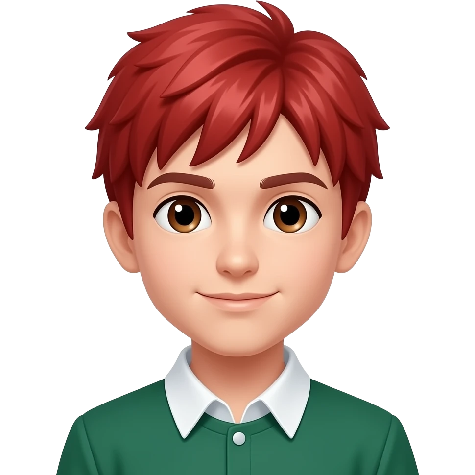 pure red haired cute male in green uniform, closeup , front facing emoji