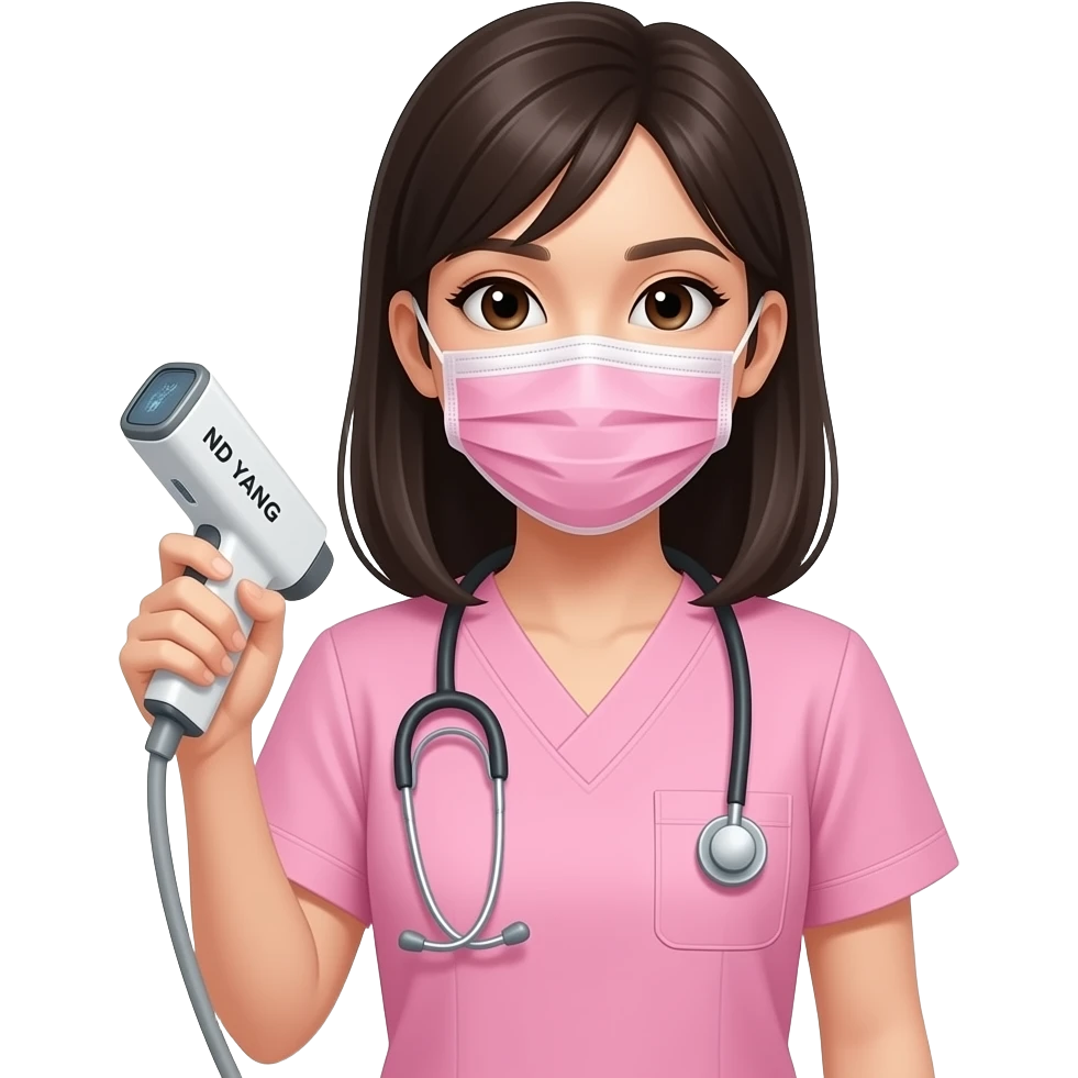 mujer joven de cabello oscuro y piel clara con uniforme medico rosado con tapabocas rosado del torso hacia arriba con láser nd yang en la mano emoji