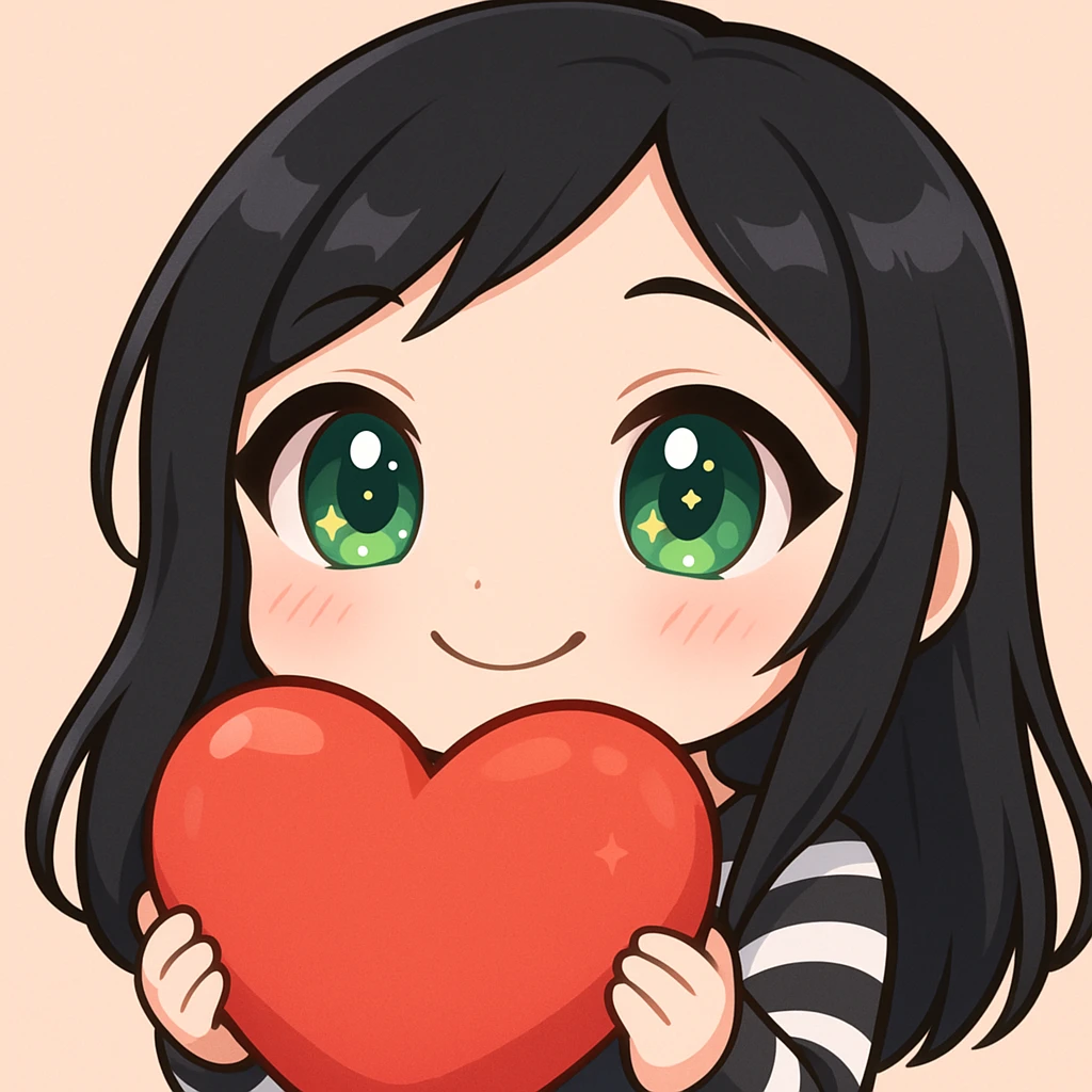 Twitch emote of a cute girl with black hair and green eyes, smiling, in a shiny, detailed chibi style with large eyes, sparkles, soft shading, and a heartwarming expression, matching the reference style. emoji