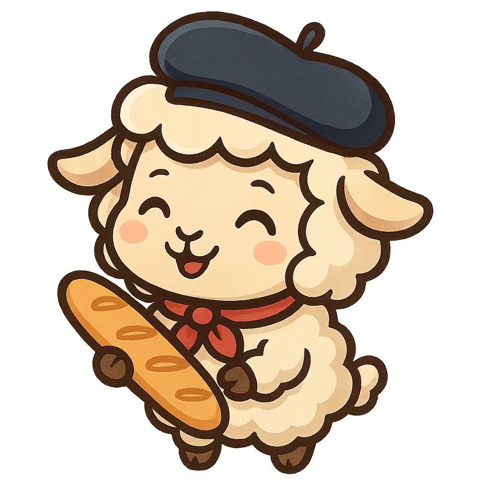 French sheep with a beret, carrying a baguette, cheerful style, chibi stickers style emoji