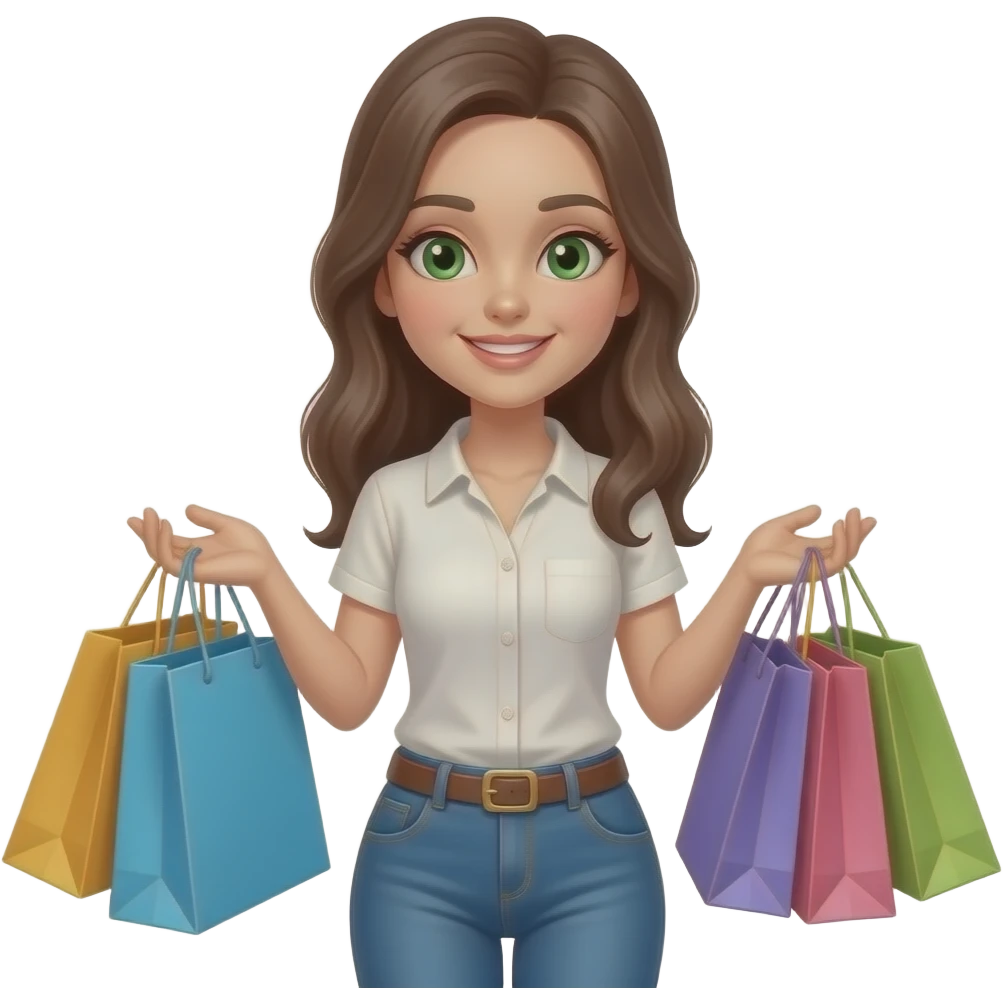 Chica bonita,ojos verdes con bolsas de compras caras en la mano emoji