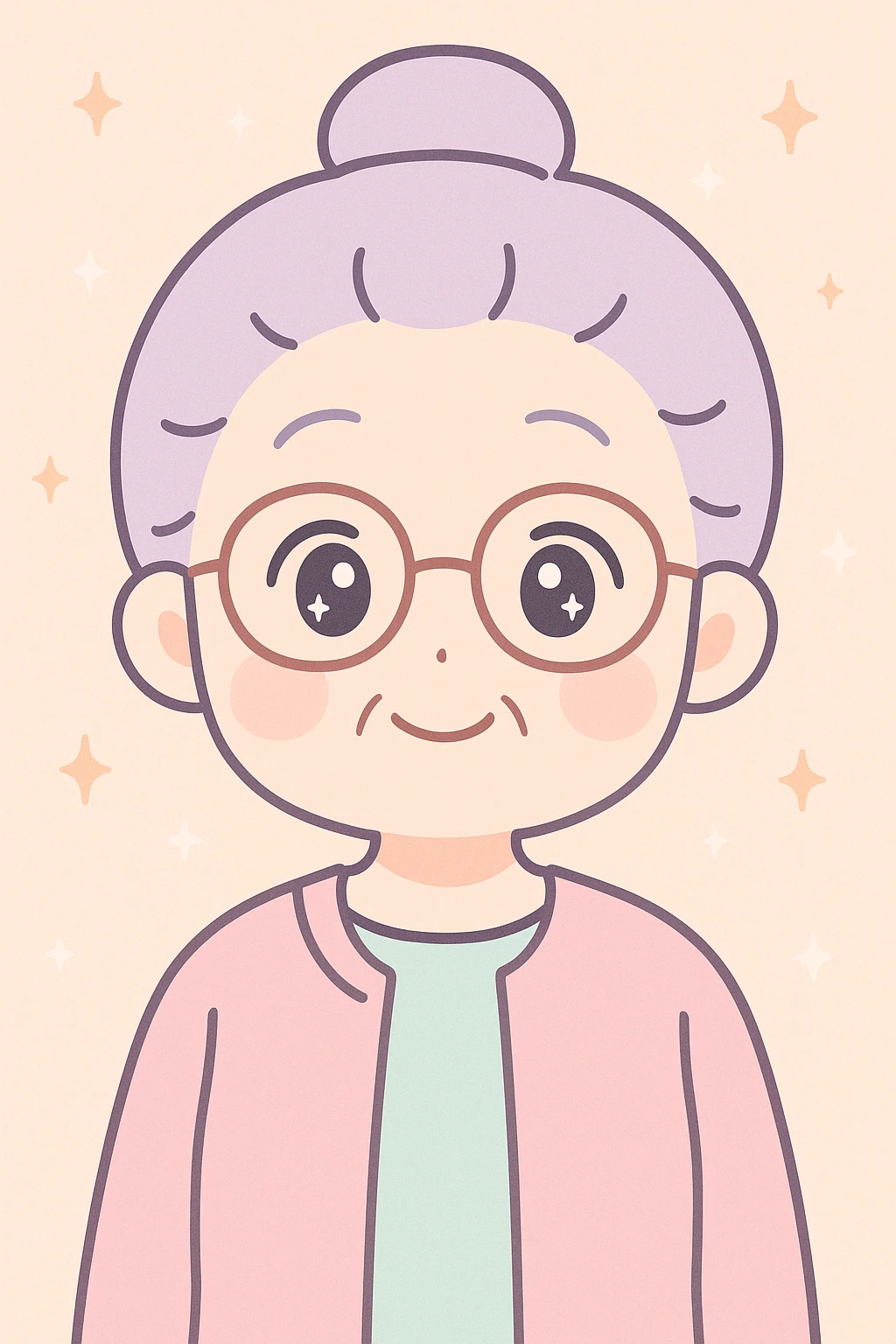 anime style older woman with glasses, friendly expression, simple background emoji