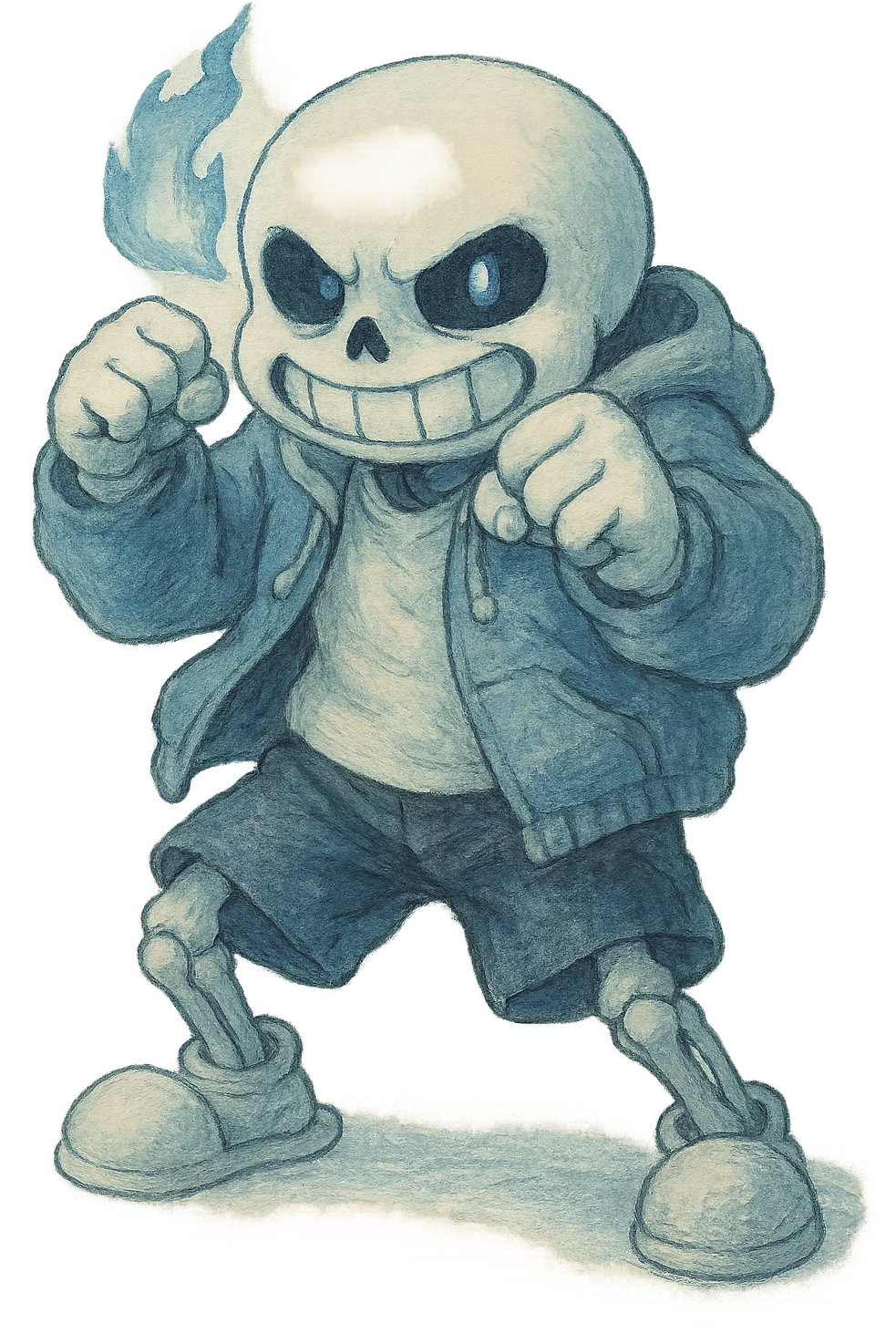 Sans from Undertale in a fighting pose, blue and white color palette emoji