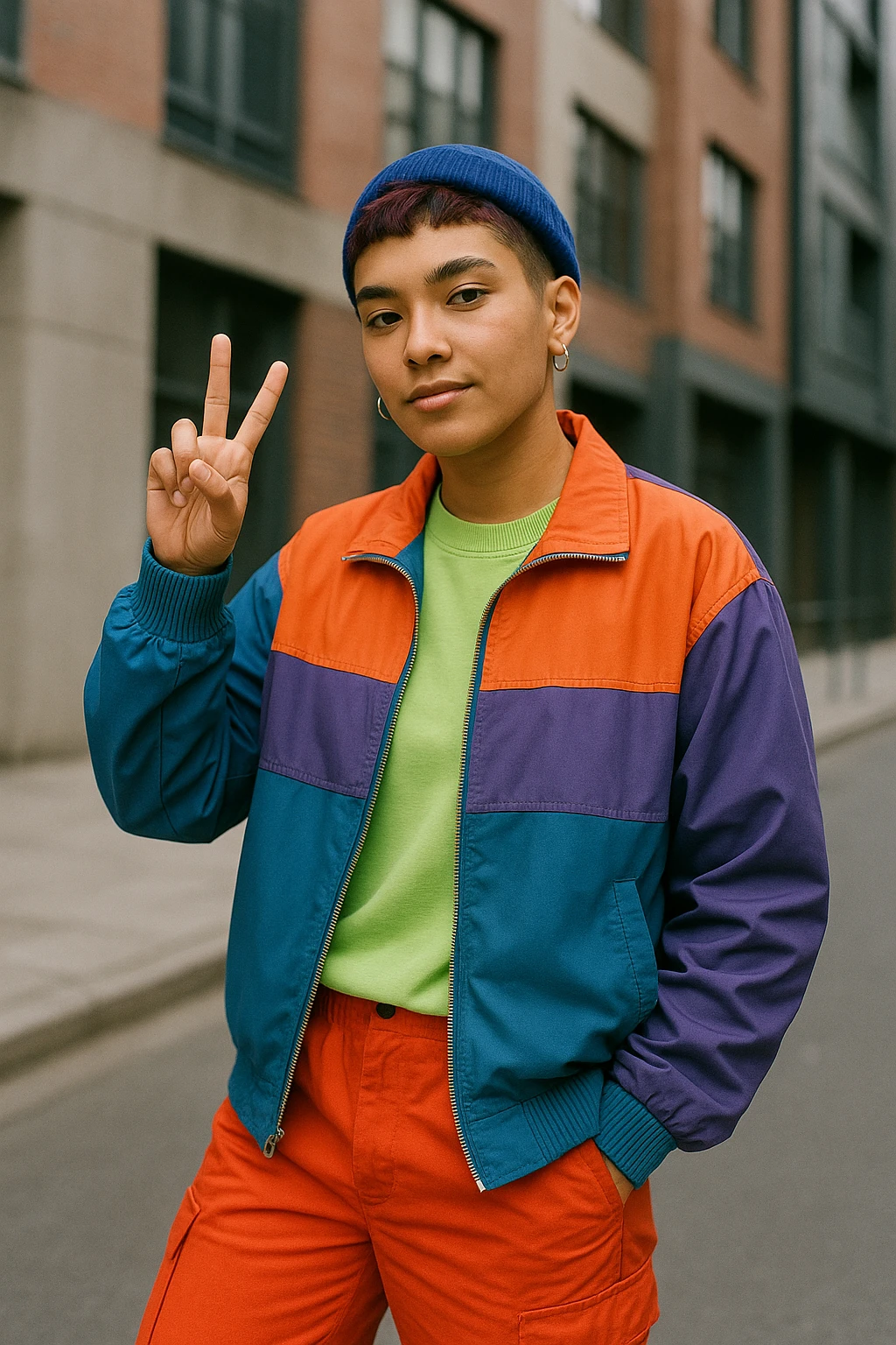 neutral gender Gen Z person making a peace sign, trendy clothing emoji