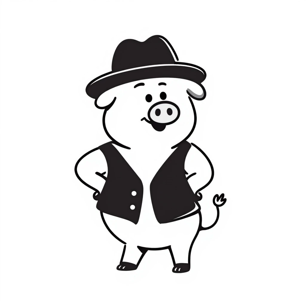 pig wearing a fedora, hand-drawn doodle style emoji