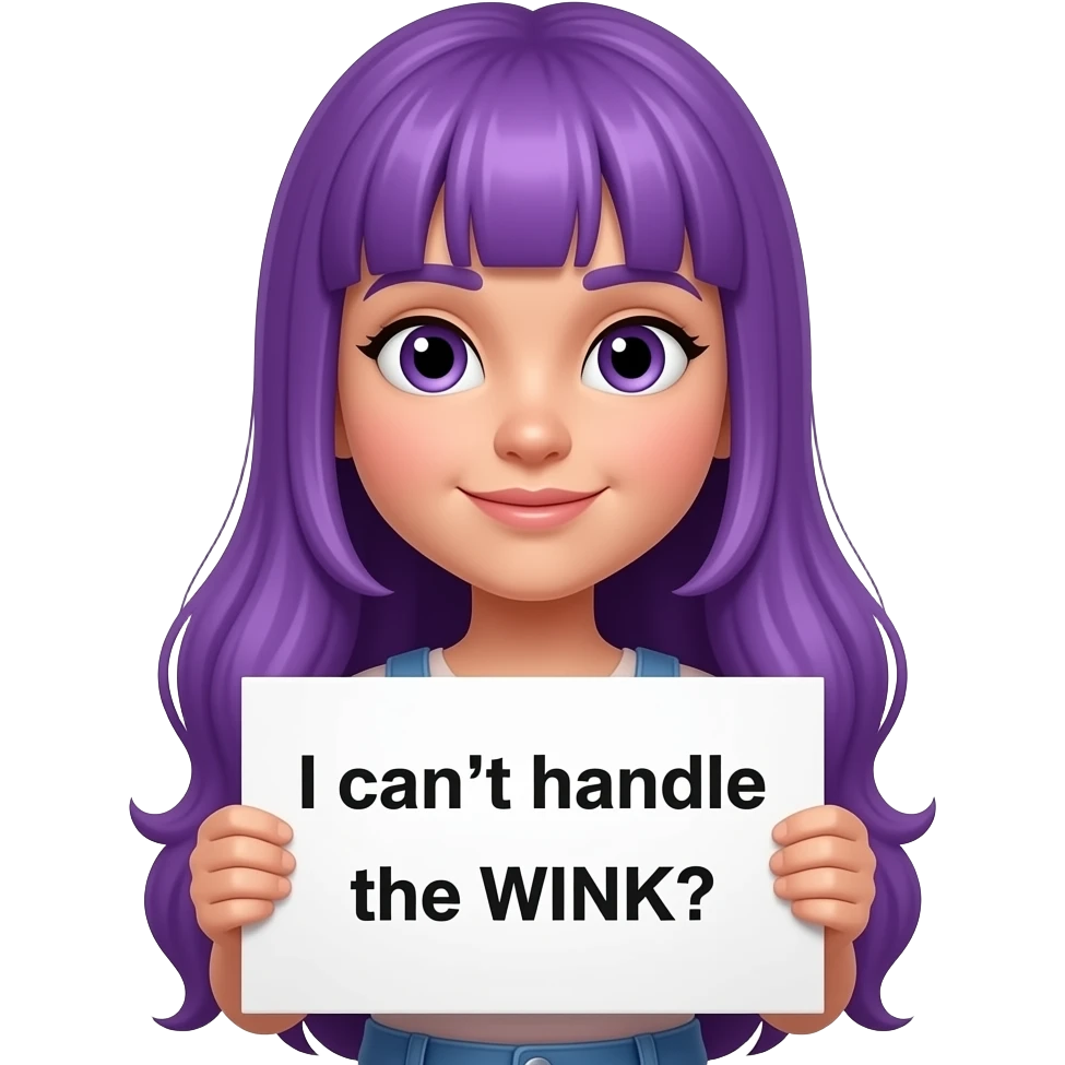 girl with long purple hair with a I can`t handle the WINK sign emoji