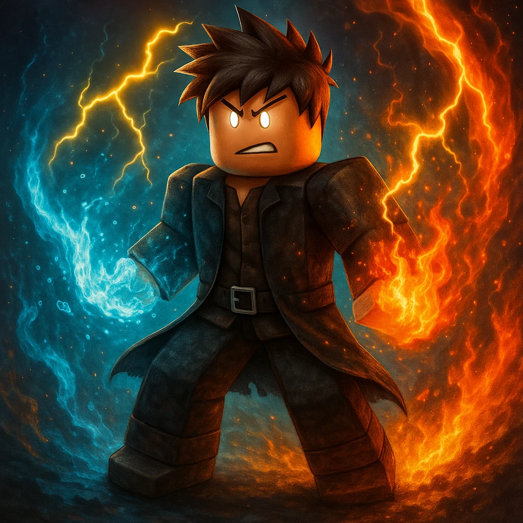 Roblox Blox Fruit character with elemental powers, authentic Roblox style, not chibi, detailed digital art emoji