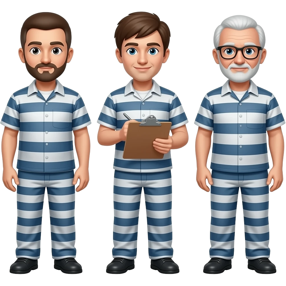 three guys in prison ages 35, 50, 65 no beard, youngest in middle with clipboard emoji
