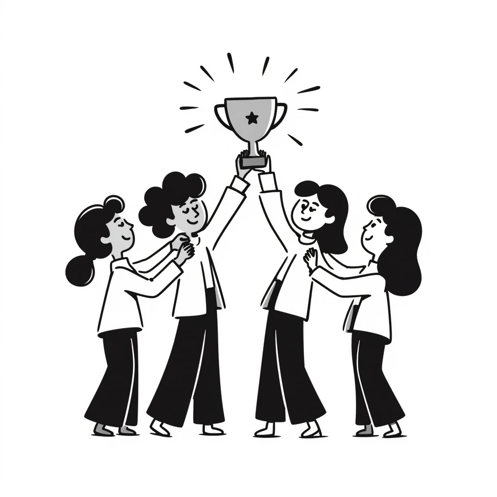 four students lifting a trophy, warm atmosphere, hand drawn style, friendly atmosphere emoji