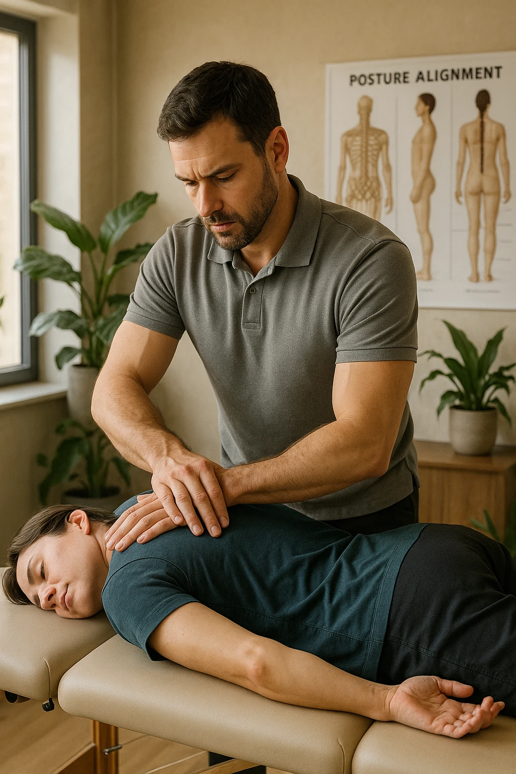 A realistic, cinematic illustration of a professional osteopath in his late 30s, wearing a fitted polo shirt in a neutral color, performing gentle manual manipulations on a patient to improve posture. The osteopath uses precise hand placement along the patient's upper back and cervical spine while the patient lies on a comfortable treatment table in a bright, modern clinic. Anatomical posters showing the spine and posture alignment are on the wall, and the room has warm, natural lighting with plants for a calming atmosphere. The scene emphasizes hands-on osteopathic care to restore body alignment, spinal mobility, and posture, showcasing trust, professionalism, and holistic care emoji