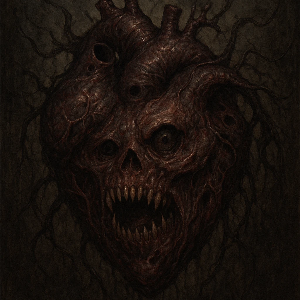 a cursed monster heart, grotesque and unsettling, with dark veins and eerie features, in a detailed style emoji