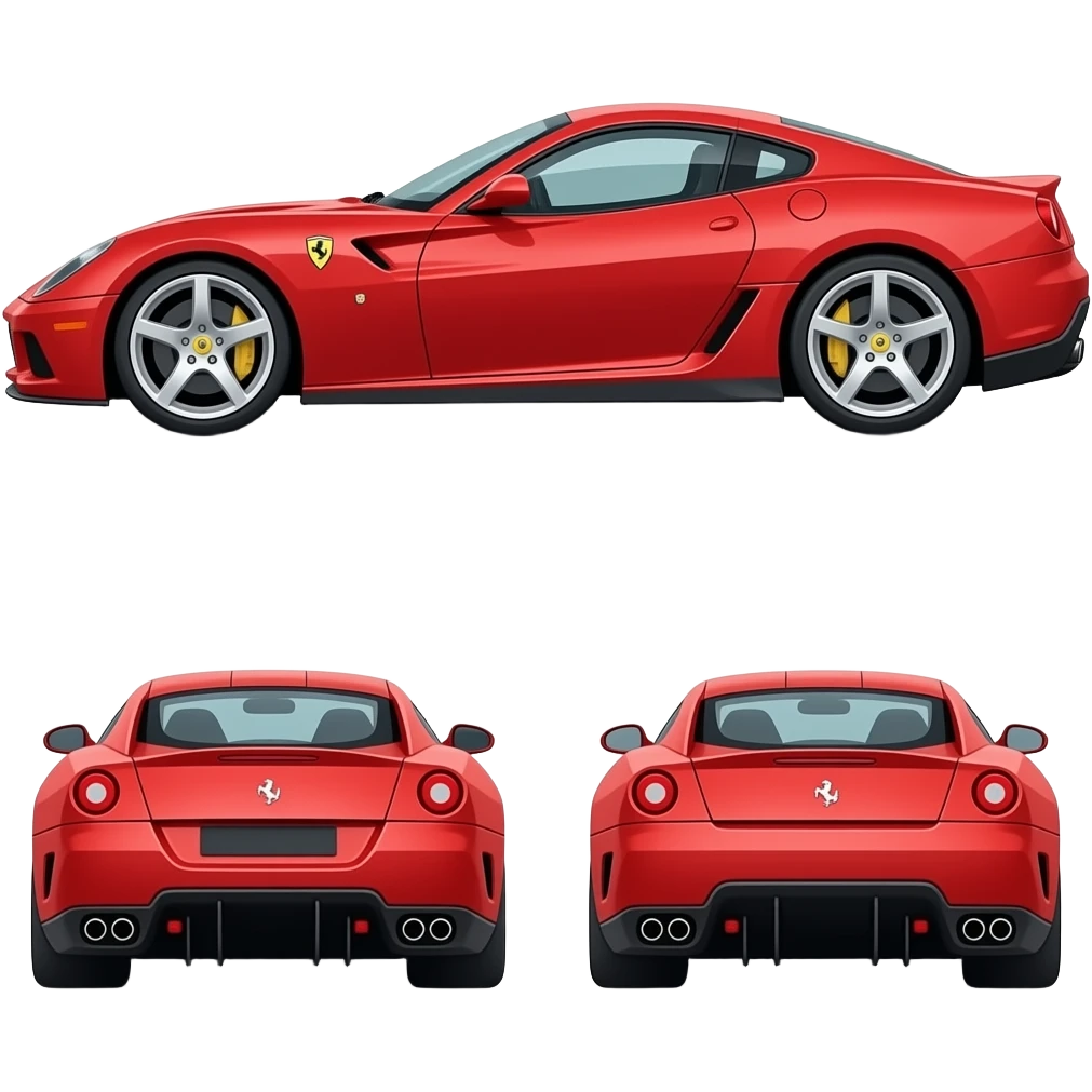 ferrari 599GTB, perfect proportions, side view, front view, back view, cartoon drawing, exaggerated emoji