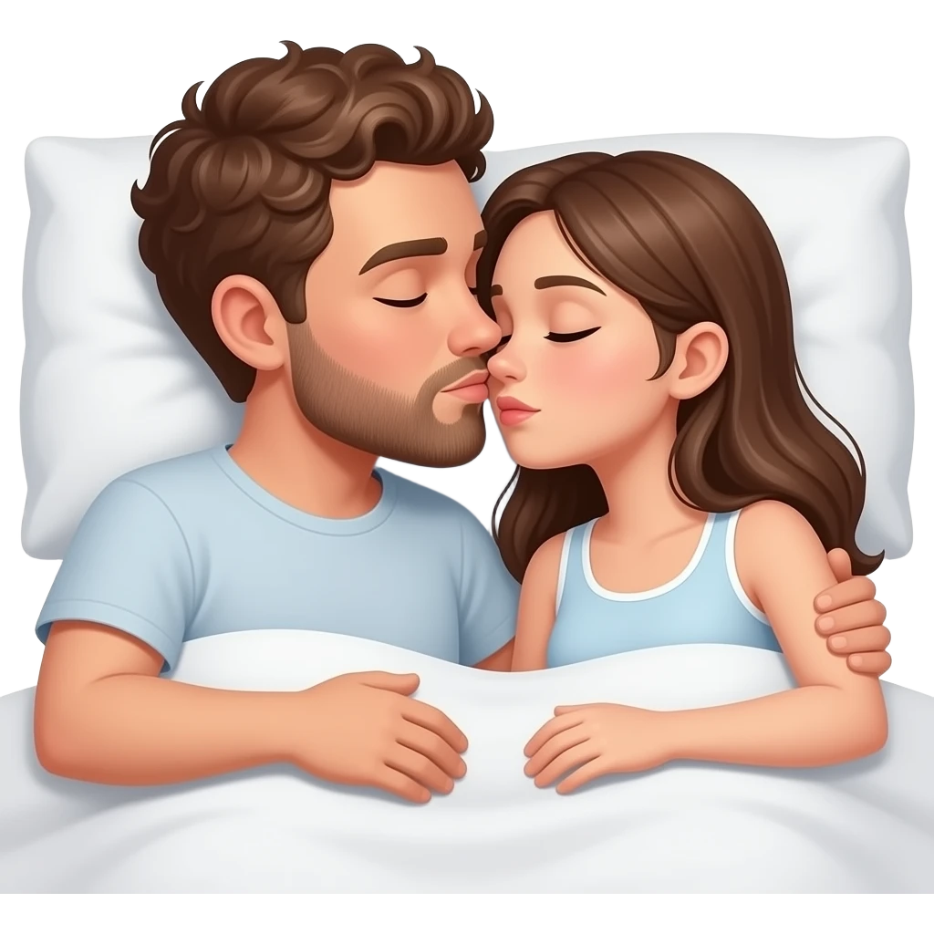 Realistic white man brown super short curly hair with beard round nose bridge kissing while sleeping in bed realistic white girl brown hair emoji