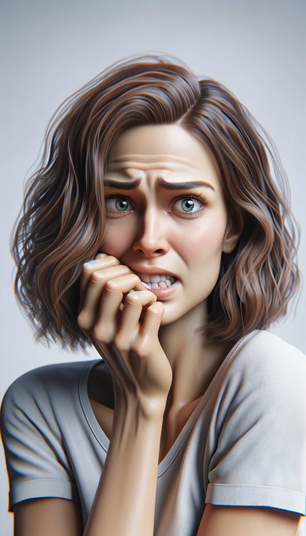 DONNA  che si mangia le unghie per il nervosismo, sfondo chiaro, iperrealistica 4k emoji