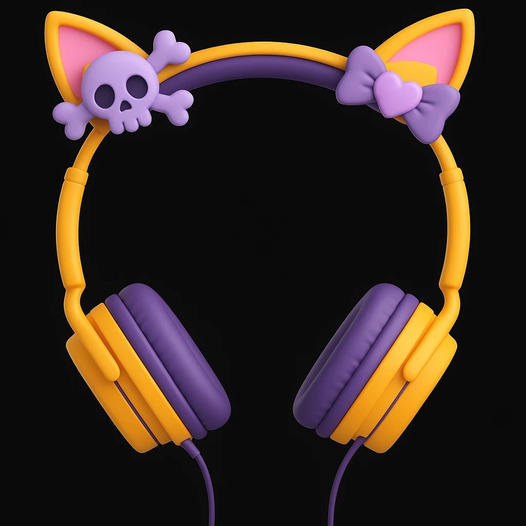 Add cute pastel goth hair clips to the cat ear headphones, keep the style and background as is. Maintain the original look and feel of the image. emoji