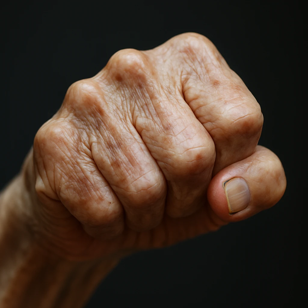 Make the elderly wrinkled white fist even more realistic, with deeper, more pronounced wrinkles and age spots, in a photorealistic style. emoji