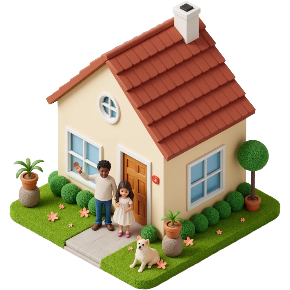 skeuomorphic icon of a suburban home, a family (mom, dad, child) waving from the doorway, with a small dog beside them, lifelike textures and highlights emoji