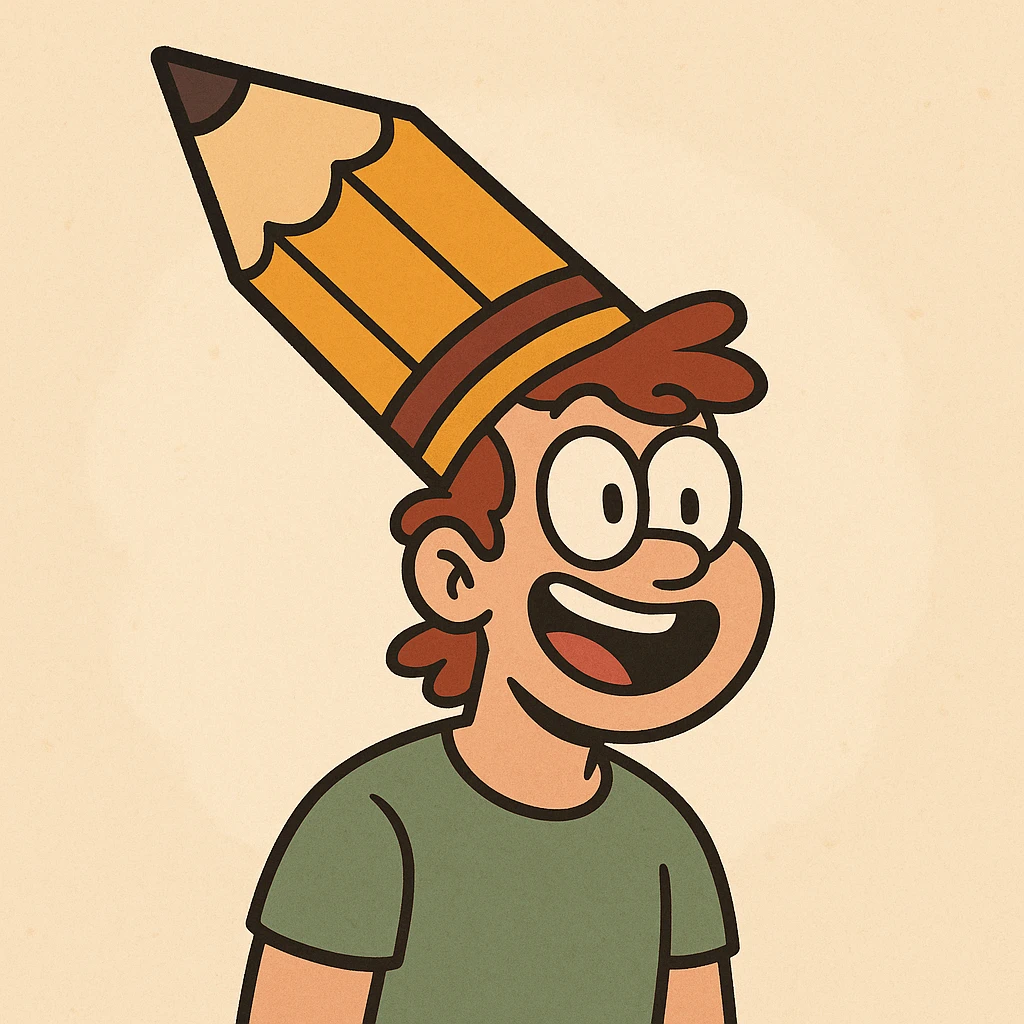 a cheerful person with a large pencil hat, cartoon style, colorful, fun, simple illustration emoji