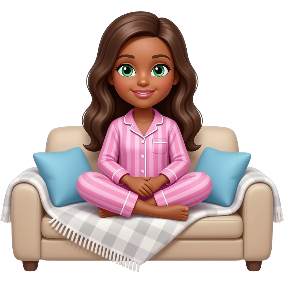 Brown skin brown hair green eyes Barbie in pyjamas on cozy couch with blanket watching tv emoji