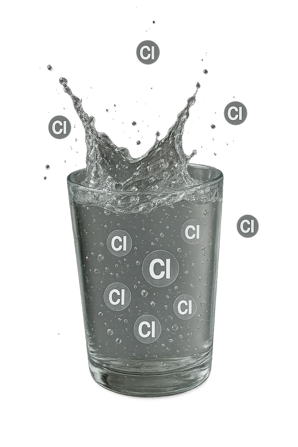 un bicchiere di acqua cade verticalmente dall'alto realistico e dettagliato, dentro l'acqua del bicchiere ci sono particelle di cloro ben visibili con la scritta "Cl" sopra, ci sono particelle anche che escono dal bicchiere e fluttuano in aria verticalmente, mentre alcune sono all'interno dell'acqua nel bicchiere, iperrealistico 4k emoji