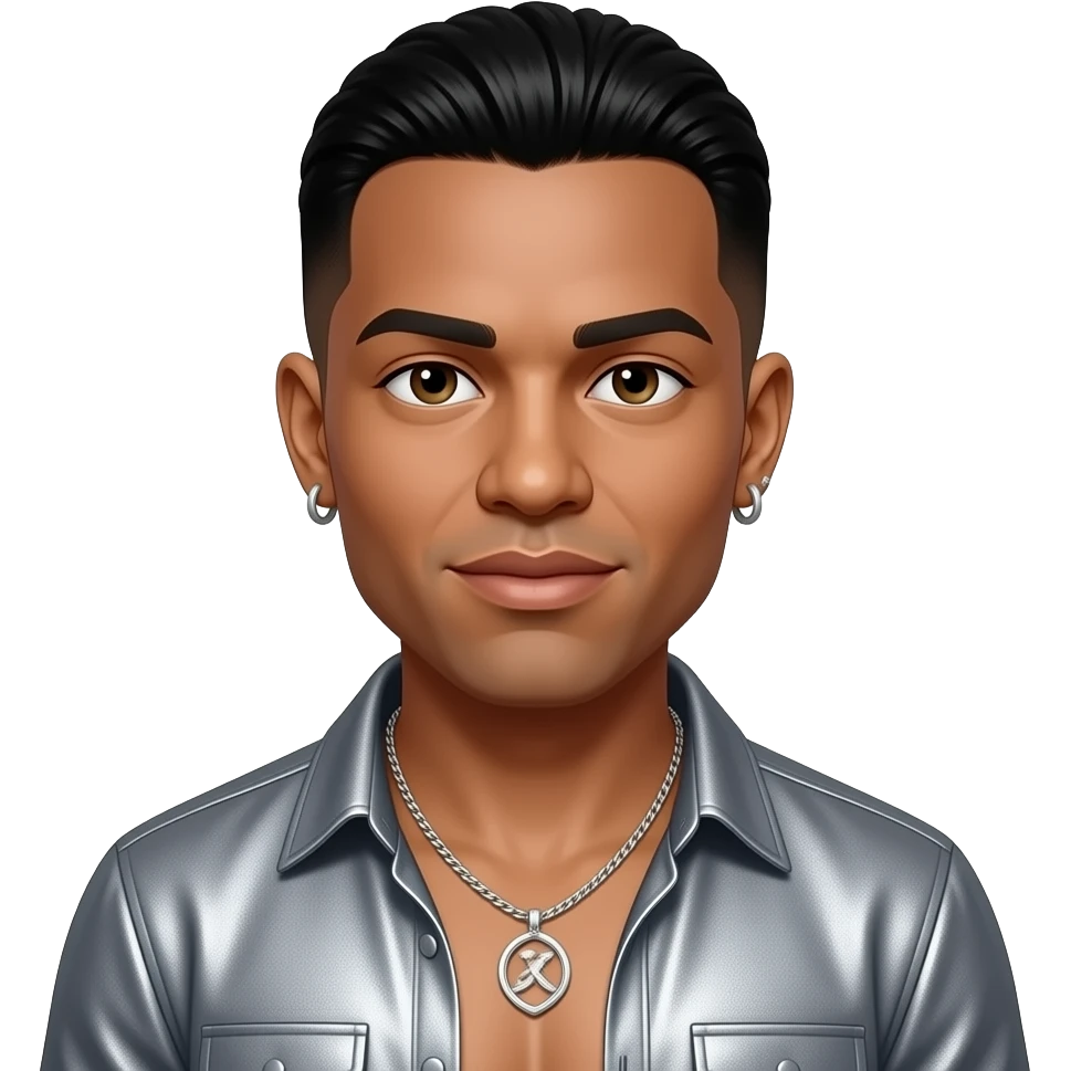 Ronnie DeVoe from New Edition with hazel eyes, black tapered fade hair, grey metallic shirt, shirtless with necklace and earrings emoji