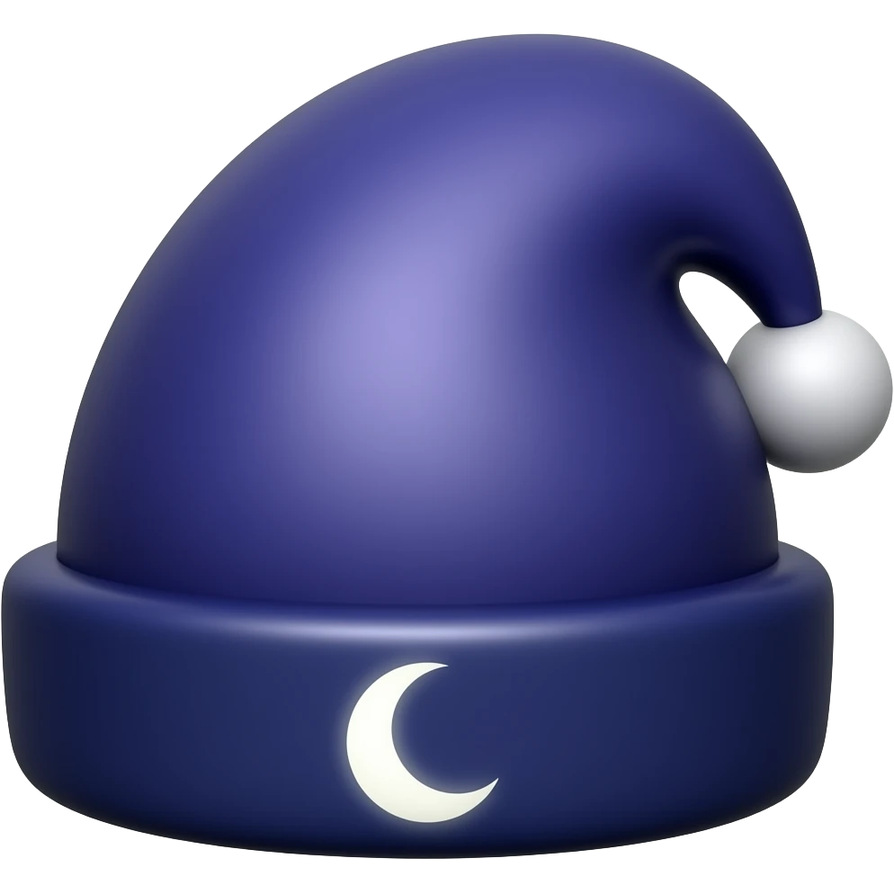 Nightcap: 3D emoji style, glossy surface, soft shadows, white background, centered, no text, cute nightcap hat, crescent moon nearby, deep purple and navy, no defined gender emoji