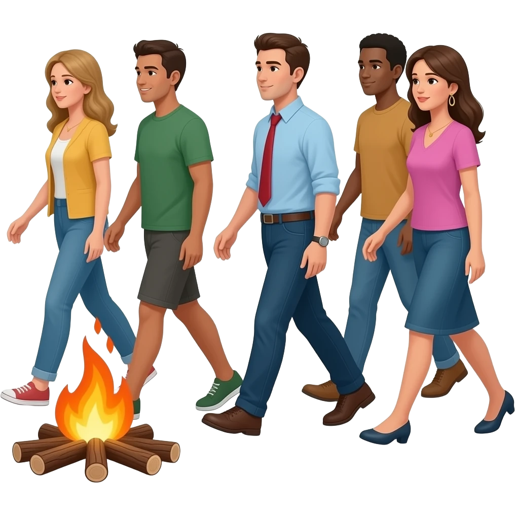 a group people walking with a burning piece of wood emoji