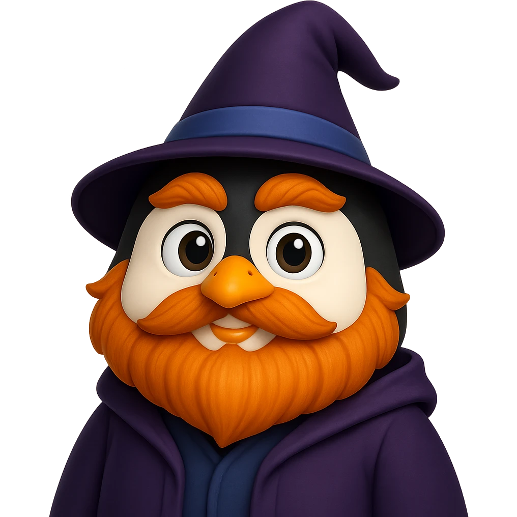 Create a penguin wizard in memoji style with a round face, expressive eyes, orange beard and eyebrows, wearing a wizard hat and robe. The style should resemble memoji aesthetics with smooth, colorful, and friendly features. Use the provided reference for inspiration. emoji