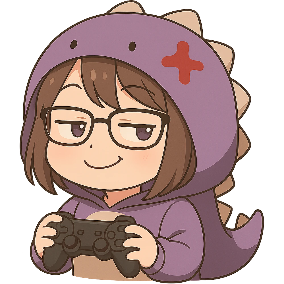 Chibi anime style gamer girl with glasses, brown hair, dark purple eyes, wearing a purple dinosaur costume, making a smug emote, no background, same style as reference. emoji